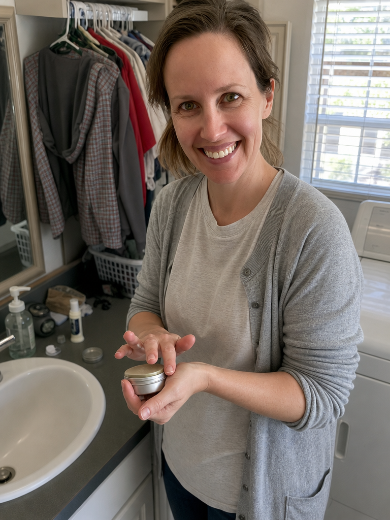 Hands with tallow balm at the kitchen sink