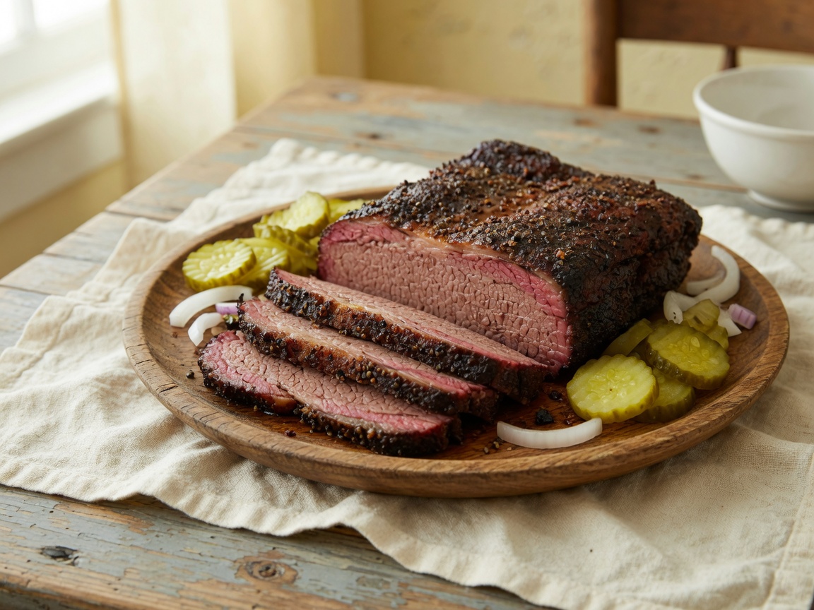 Sliced brisket on a wooden platter