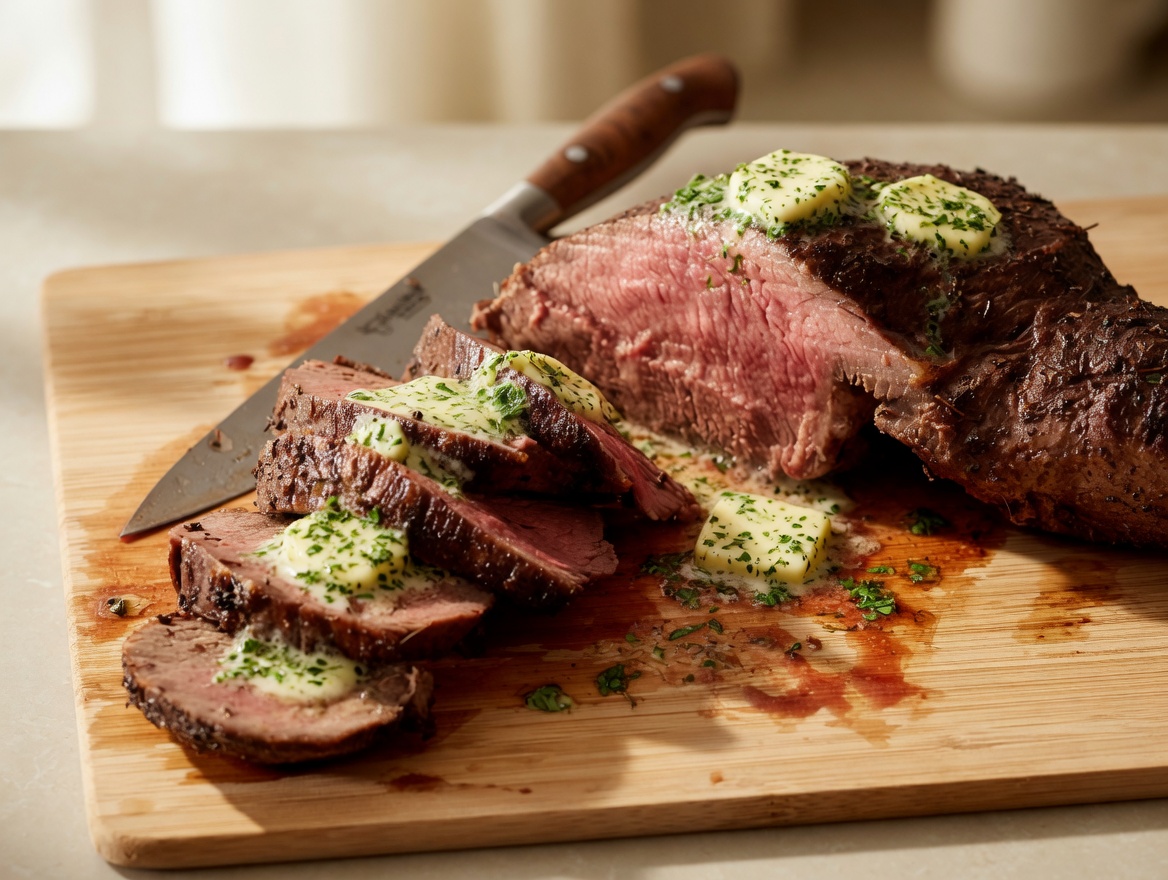 Sliced tri-tip with herb butter